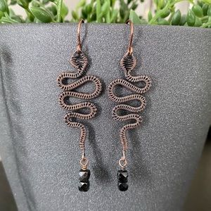 Handcrafted Black Tourmaline Copper Snake / Serpent Dangle earrings
